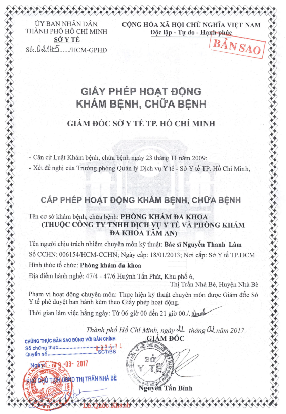 Giấy phép hoạt động PKĐK Tâm An